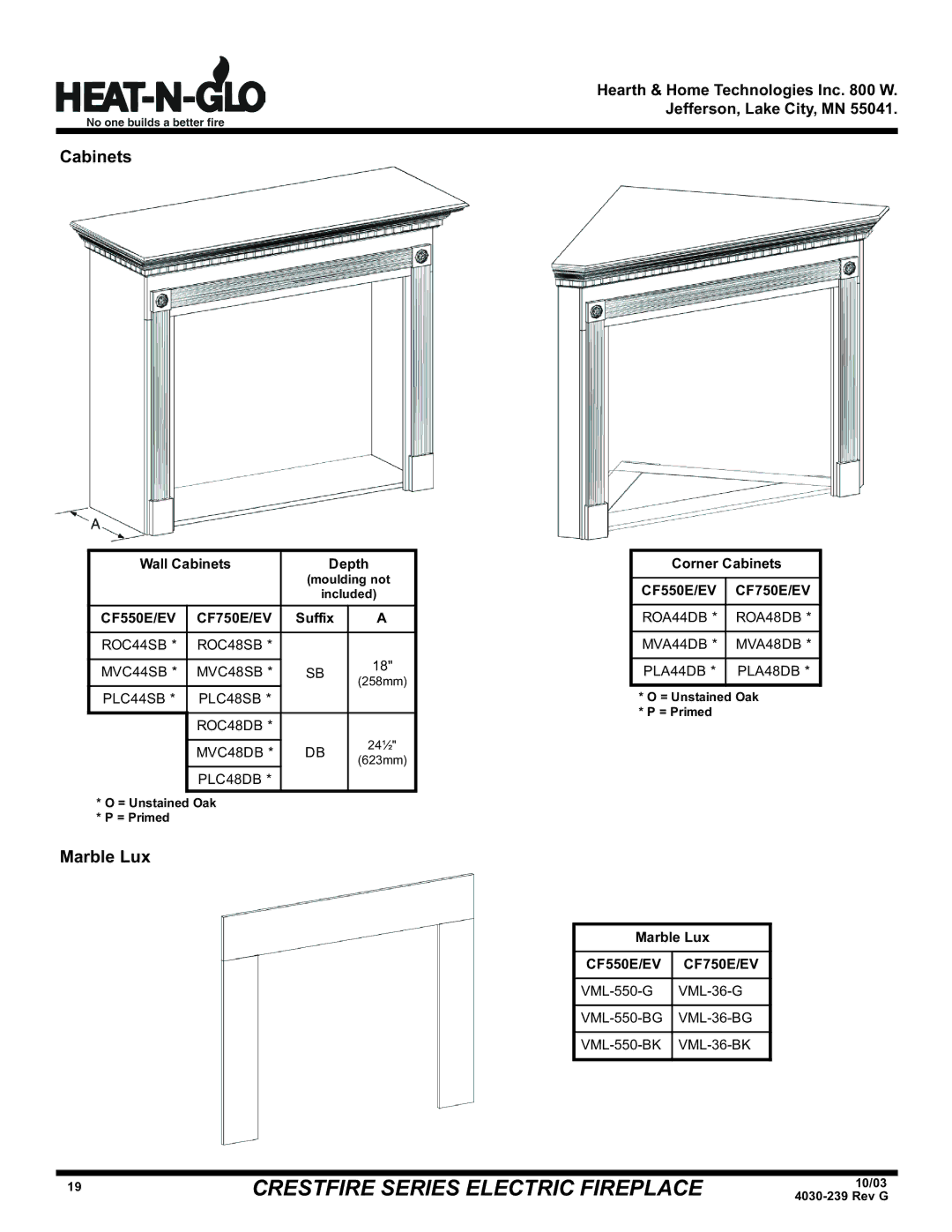 Hearth and Home Technologies CF550EV, CF750EV (208/240V), CF750E (120V) warranty Cabinets, Marble Lux 