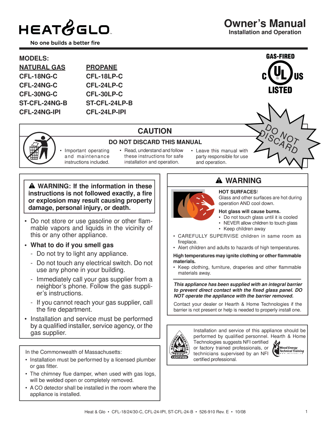 Hearth and Home Technologies CFL-18NG-C, CFL-24NG-IPI owner manual What to do if you smell gas, Do not Discard this Manual 