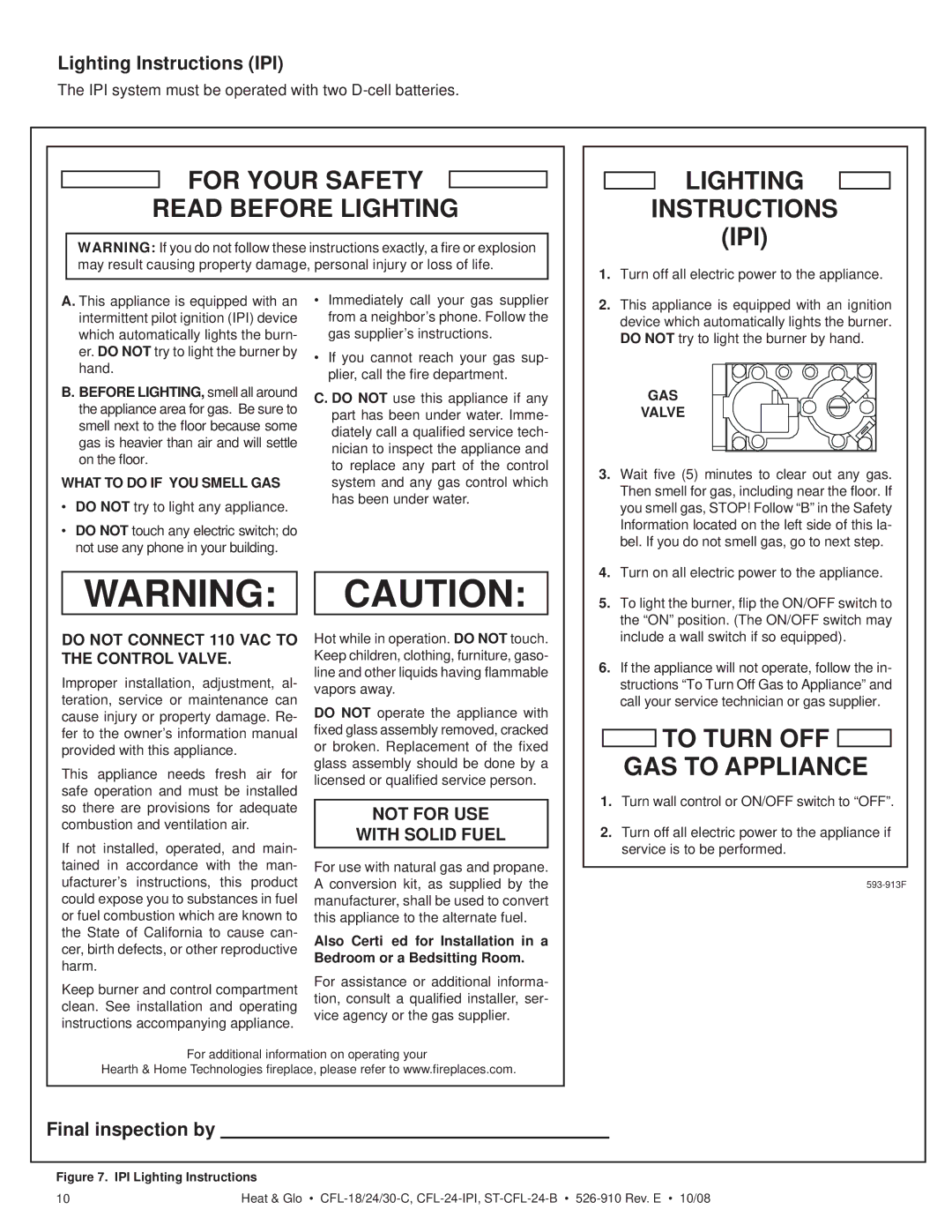 Hearth and Home Technologies CFL-24NG-IPI, CFL-18NG-C, CFL-24LP-IPI Lighting Instructions IPI, Final inspection by 