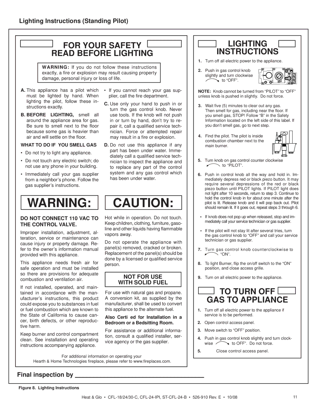 Hearth and Home Technologies CFL-18NG-C, CFL-24NG-IPI, CFL-24LP-IPI For Your Safety Read Before Lighting Instructions 