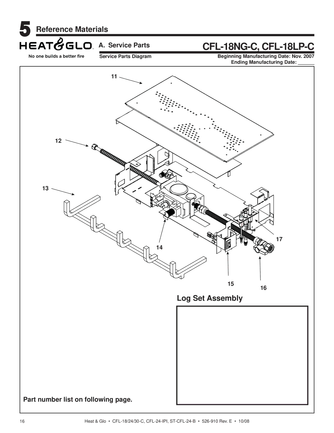 Hearth and Home Technologies CFL-30NG-C, CFL-24NG-IPI, CFL-18NG-C Reference Materials, Log Set Assembly, Service Parts 