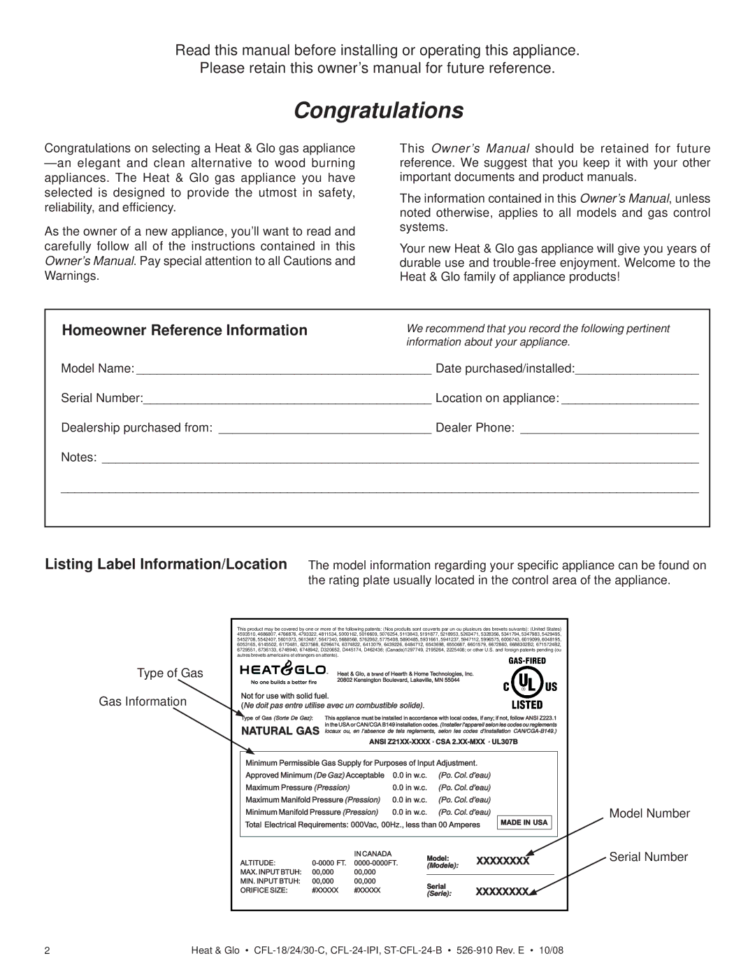 Hearth and Home Technologies CFL-24LP-IPI, CFL-24NG-IPI, CFL-18NG-C Congratulations, Homeowner Reference Information 