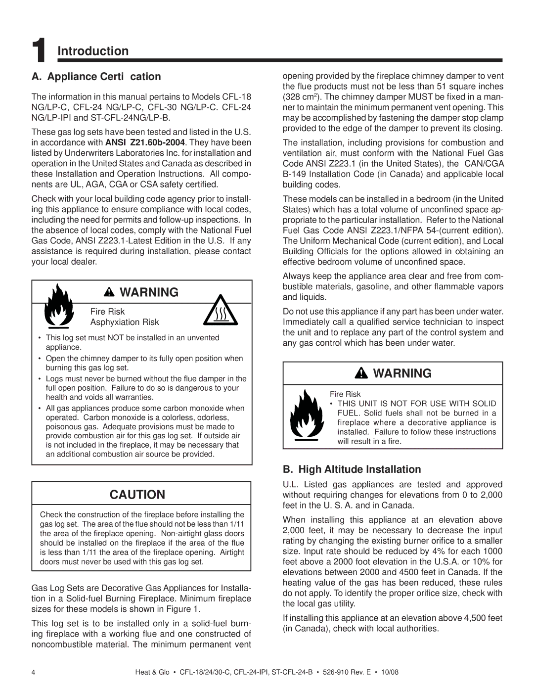 Hearth and Home Technologies CFL-24LP-C, CFL-24NG-IPI Introduction, Appliance Certiﬁcation, High Altitude Installation 