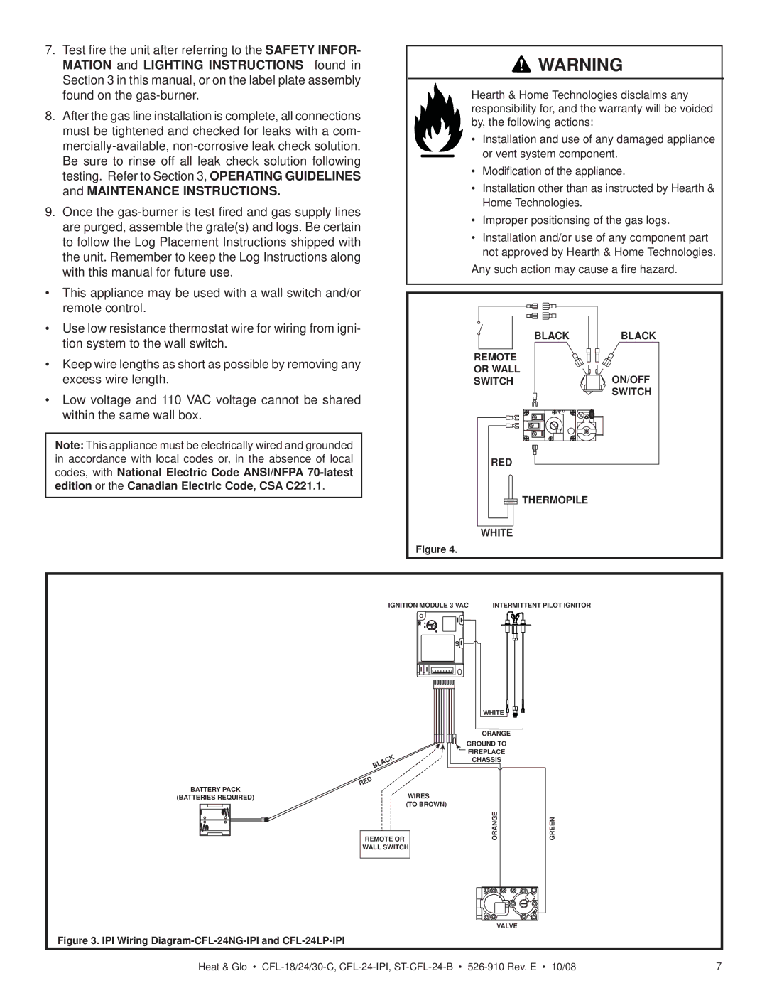 Hearth and Home Technologies CFL-18LP-C, CFL-24NG-IPI, CFL-18NG-C, CFL-24LP-IPI Any such action may cause a ﬁre hazard 