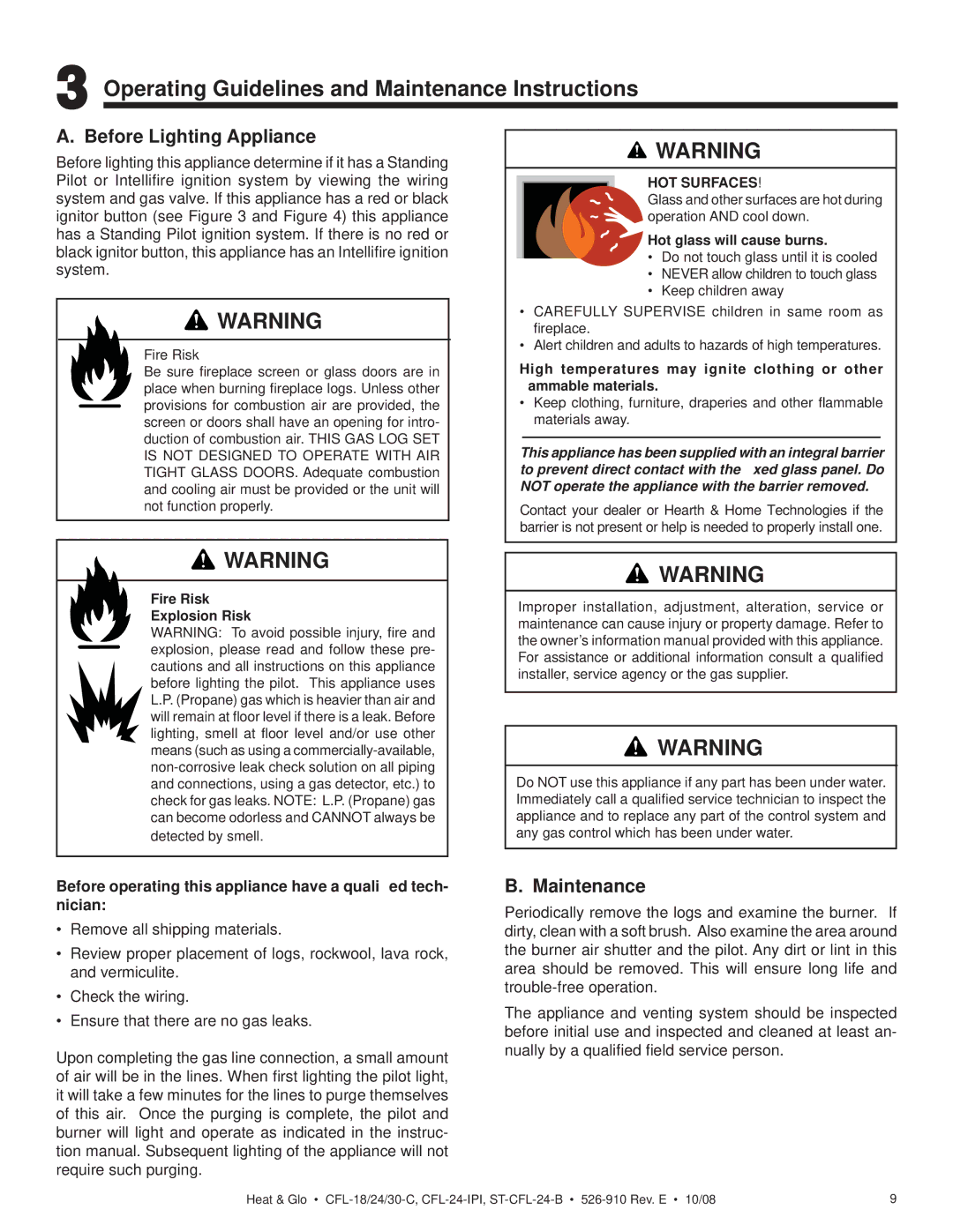 Hearth and Home Technologies ST-CFL-24LP-B Operating Guidelines and Maintenance Instructions, Before Lighting Appliance 