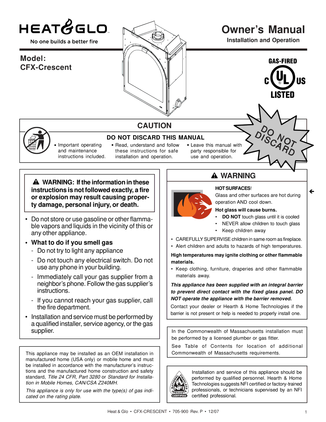 Hearth and Home Technologies owner manual Model CFX-Crescent, Installation and Operation 