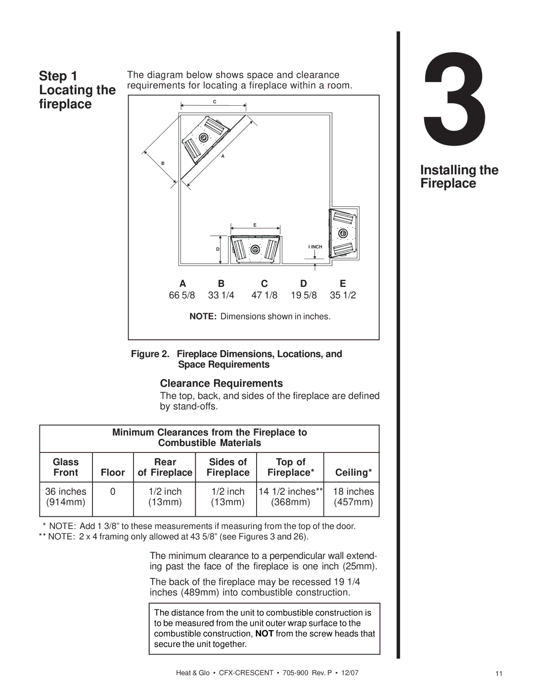 Hearth and Home Technologies CFX-Crescent Locating the fireplace, Installing the Fireplace, Clearance Requirements 