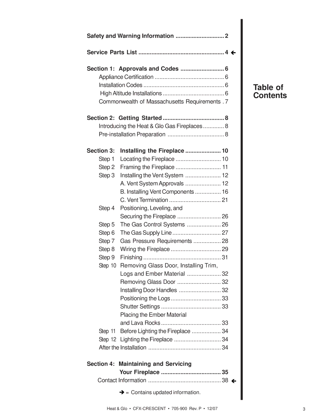 Hearth and Home Technologies CFX-Crescent owner manual Table of Contents, Approvals and Codes, Getting Started 