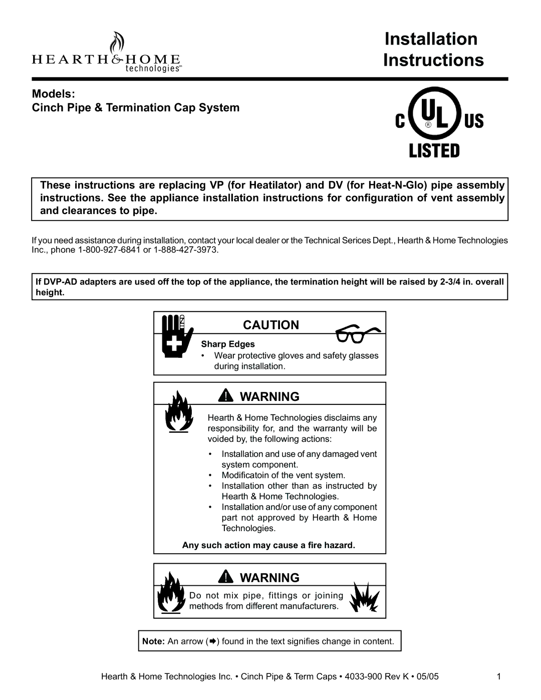 Hearth and Home Technologies Cinch Pipe & Termination Cap System installation instructions Installation Instructions 