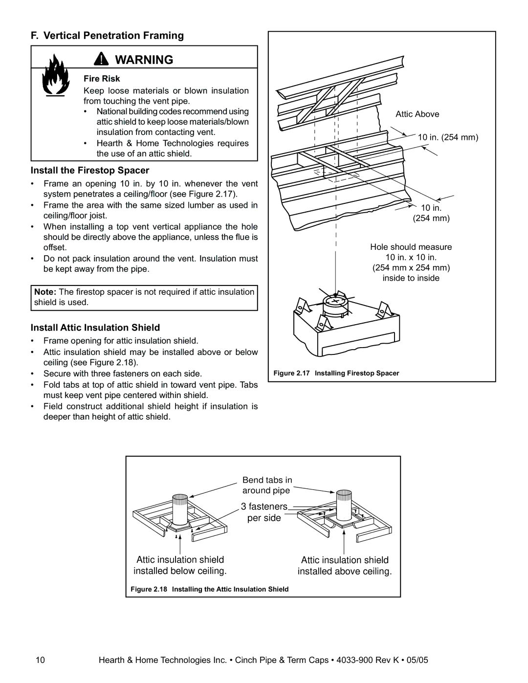 Hearth and Home Technologies Cinch Pipe & Termination Cap System Vertical Penetration Framing, Install the Firestop Spacer 