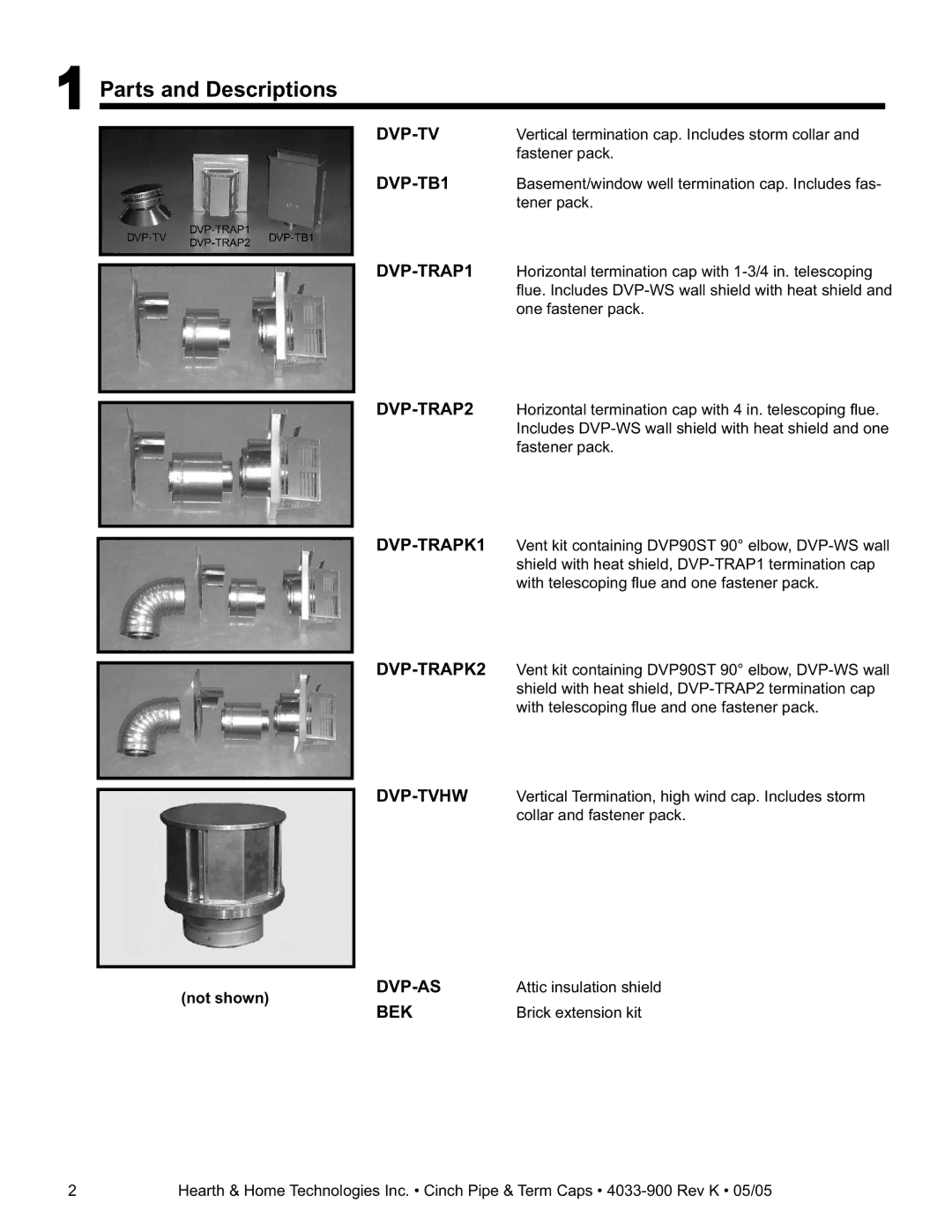 Hearth and Home Technologies Cinch Pipe & Termination Cap System Parts and Descriptions, Not shown 