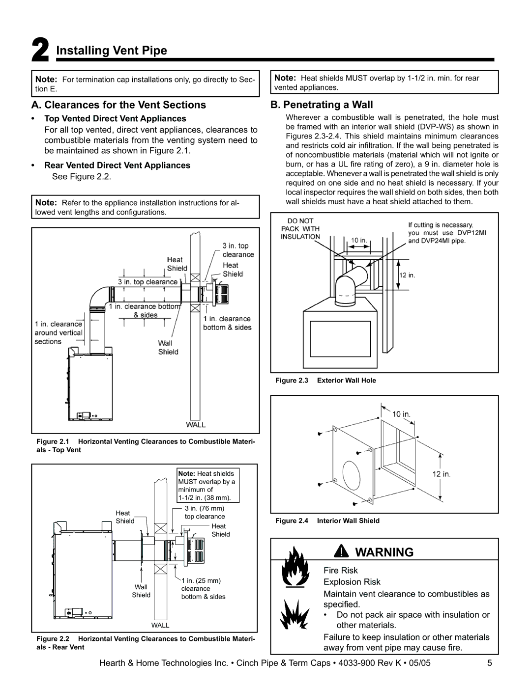 Hearth and Home Technologies Cinch Pipe & Termination Cap System Clearances for the Vent Sections, Penetrating a Wall 