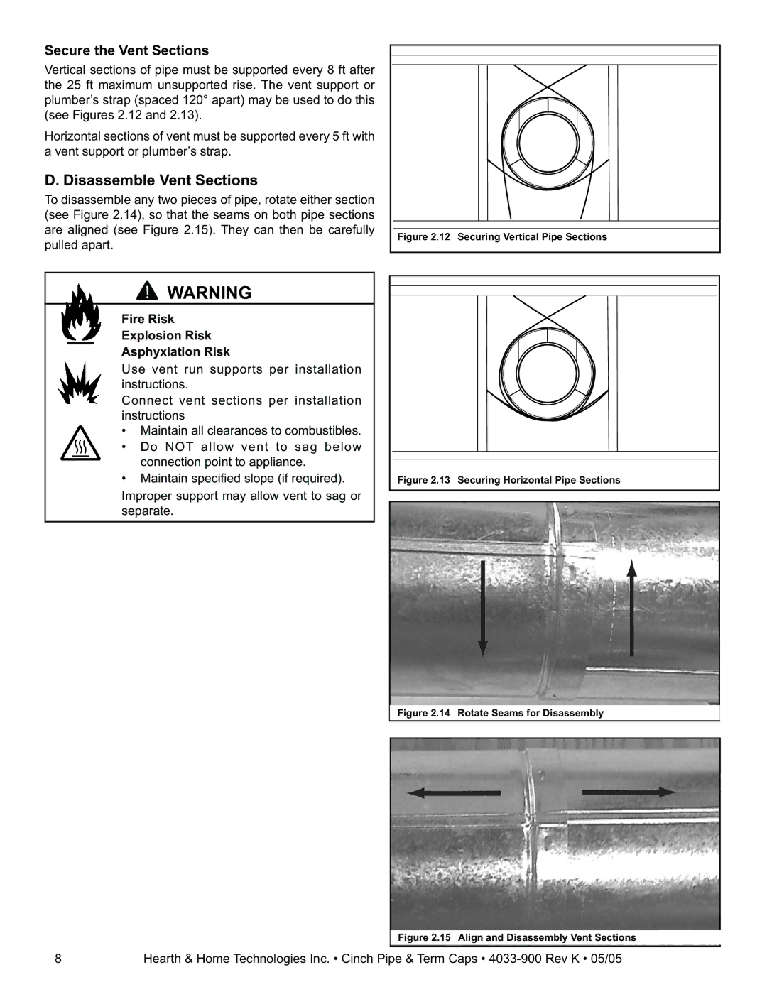 Hearth and Home Technologies Cinch Pipe & Termination Cap System Disassemble Vent Sections, Secure the Vent Sections 