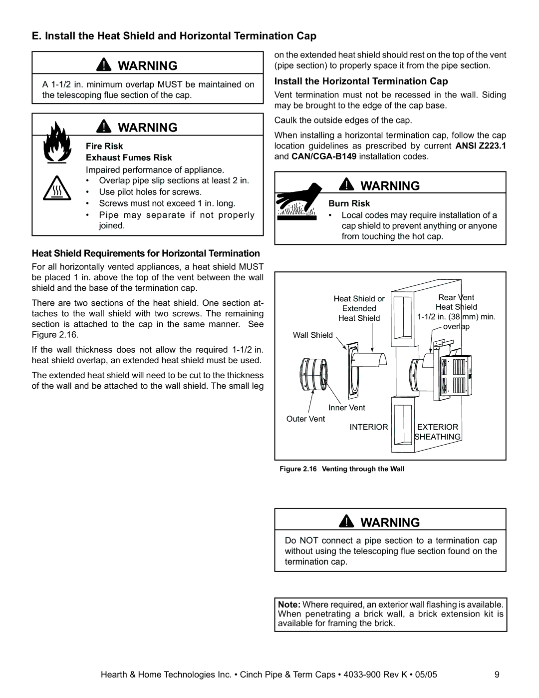 Hearth and Home Technologies Cinch Pipe & Termination Cap System Install the Heat Shield and Horizontal Termination Cap 