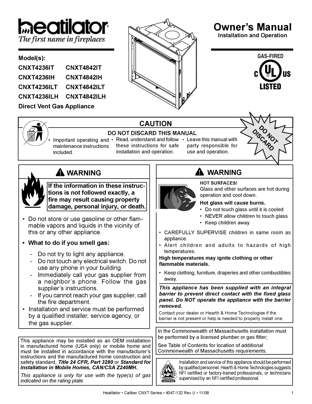 Hearth and Home Technologies CNXT4842IH owner manual Models, Direct Vent Gas Appliance, What to do if you smell gas 