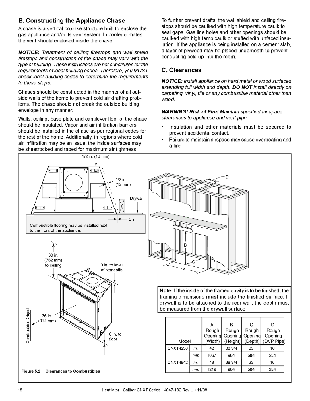 Hearth and Home Technologies CNXT4842ILH, CNXT4842ILT, CNXT4842IH, CNXT4842IT Constructing the Appliance Chase, Clearances 