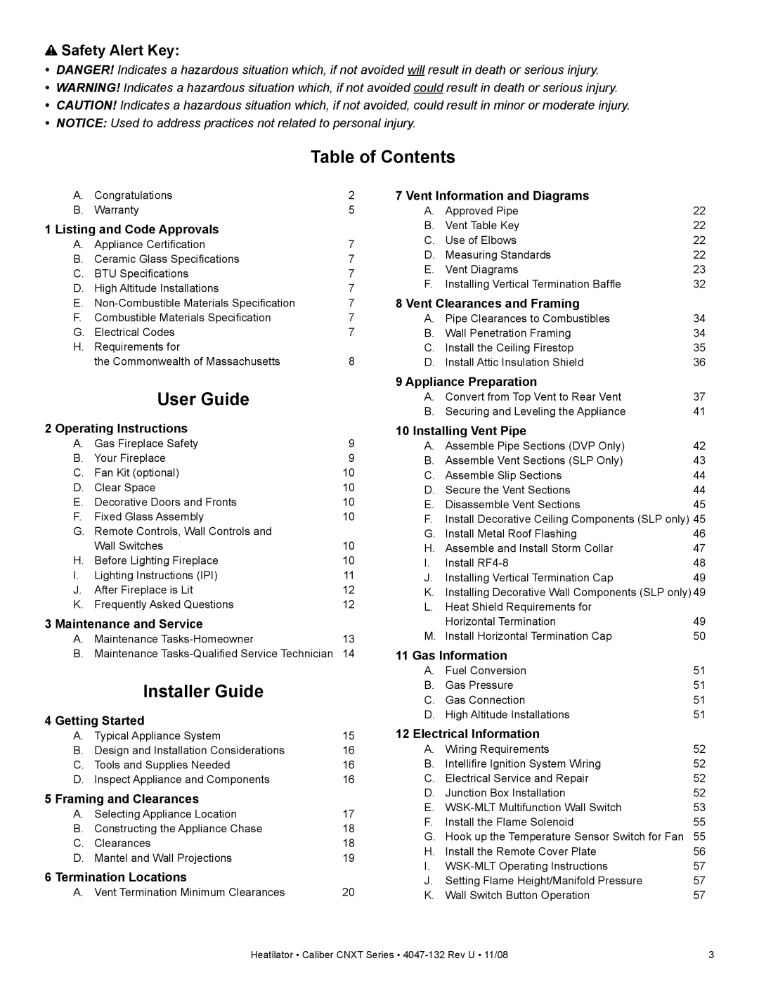 Hearth and Home Technologies CNXT4842IT, CNXT4842ILT, CNXT4842IH, CNXT4842ILH Table of Contents, User Guide, Installer Guide 