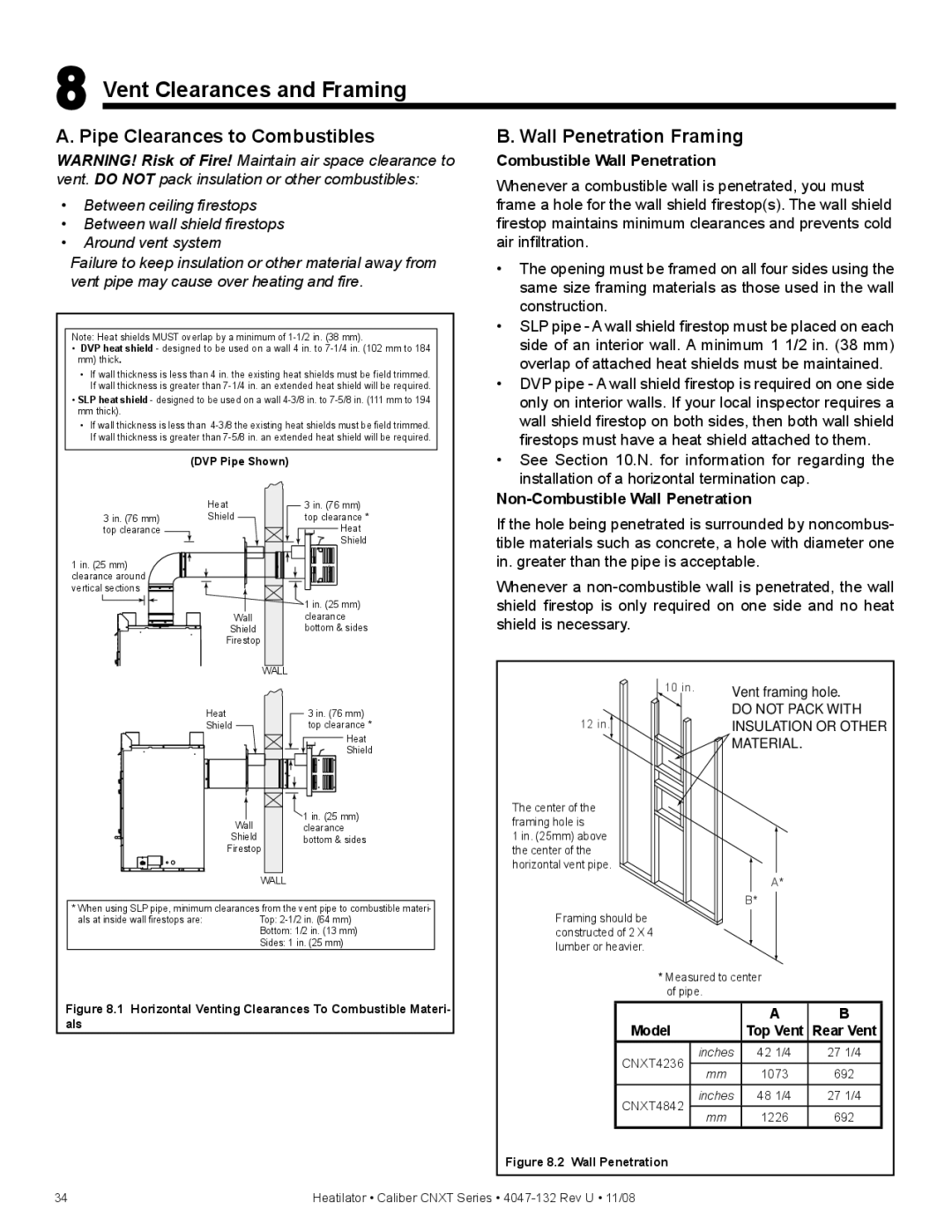 Hearth and Home Technologies CNXT4842ILH, CNXT4842ILT Vent Clearances and Framing, Pipe Clearances to Combustibles 