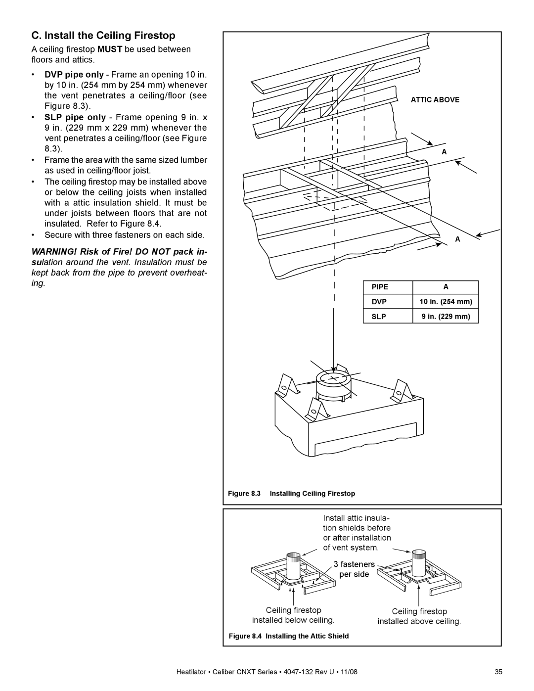 Hearth and Home Technologies CNXT4842IT, CNXT4842ILT, CNXT4842IH Install the Ceiling Firestop, Installing Ceiling Firestop 