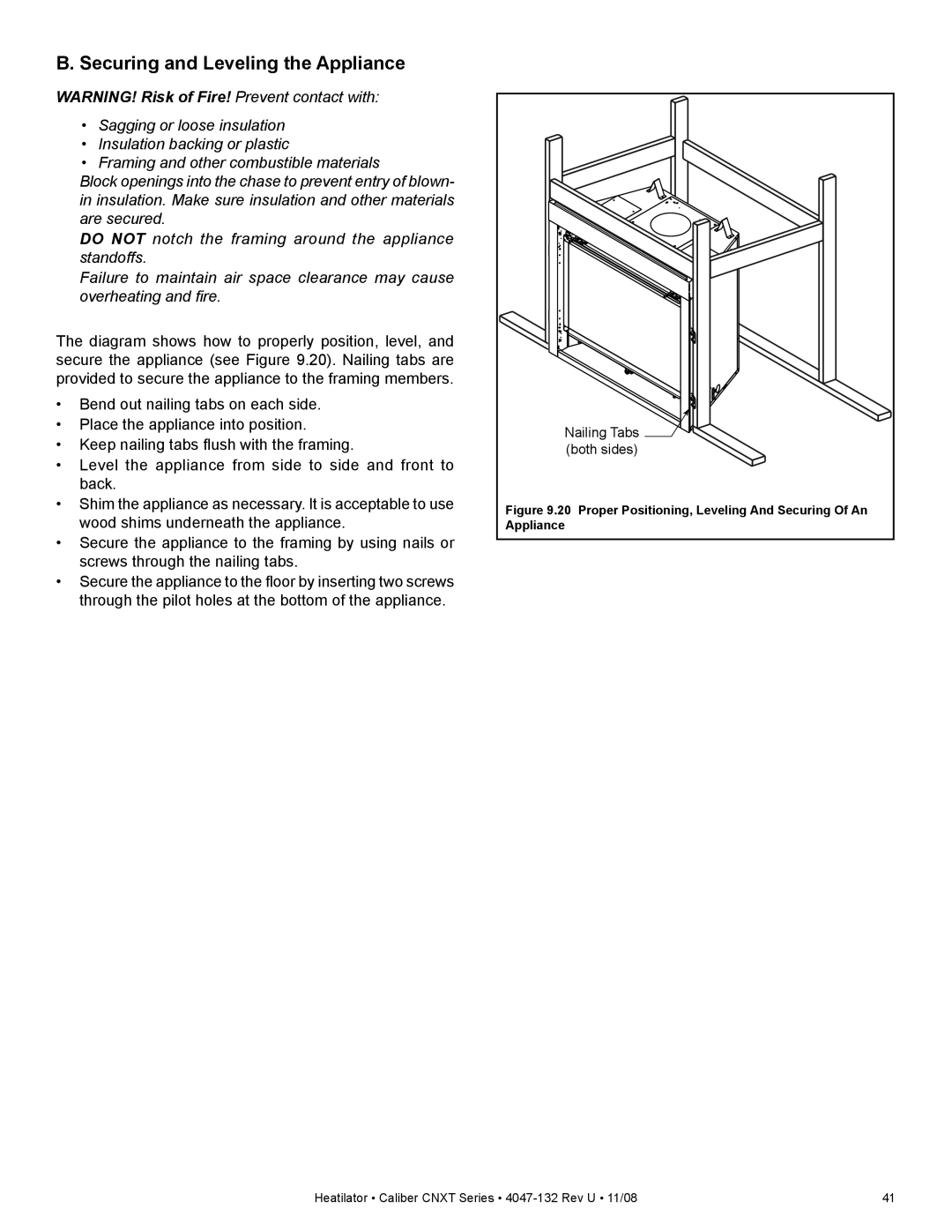 Hearth and Home Technologies CNXT4842IH, CNXT4842ILT, CNXT4842ILH, CNXT4842IT, CNXT4236IT Securing and Leveling the Appliance 