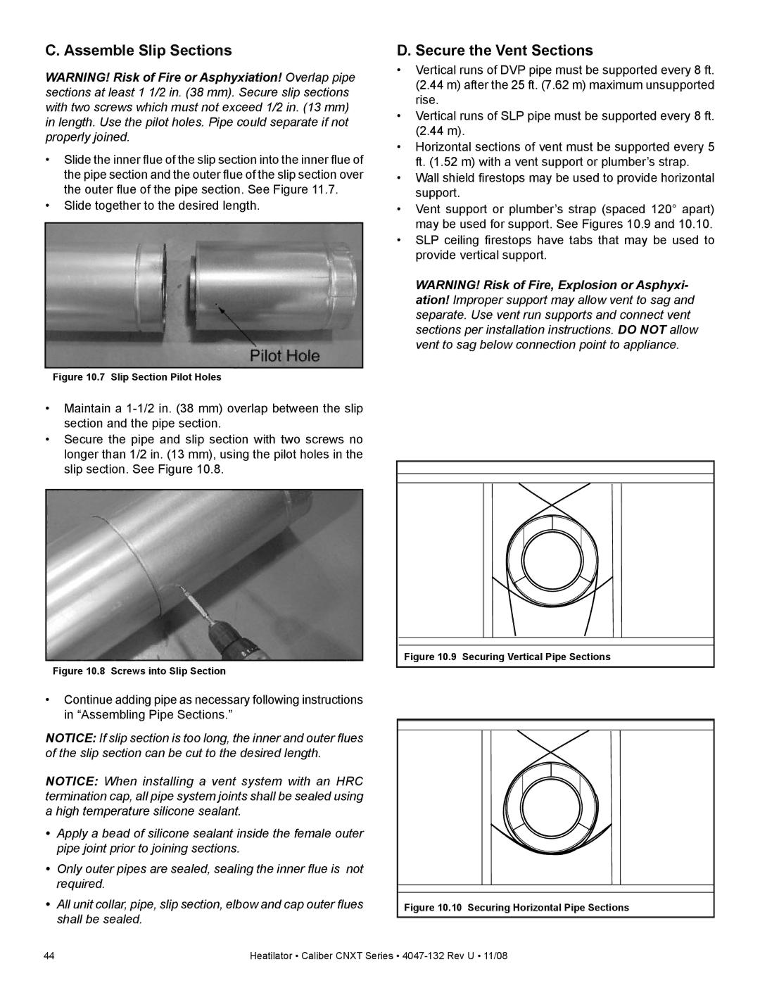 Hearth and Home Technologies CNXT4236ILH, CNXT4842ILT, CNXT4842IH Assemble Slip Sections, Secure the Vent Sections 