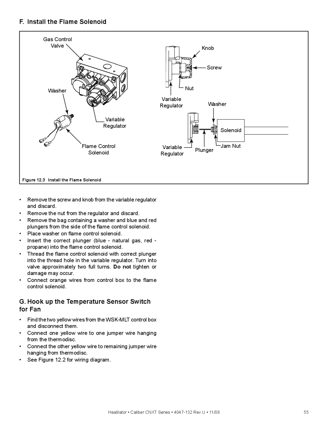 Hearth and Home Technologies CNXT4236IH Install the Flame Solenoid, Hook up the Temperature Sensor Switch for Fan 