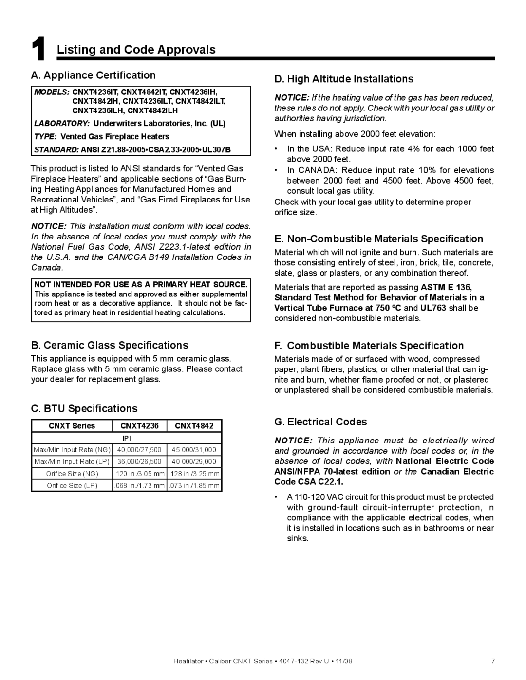 Hearth and Home Technologies CNXT4236IH, CNXT4842ILT, CNXT4842IH, CNXT4842ILH, CNXT4842IT Listing and Code Approvals 