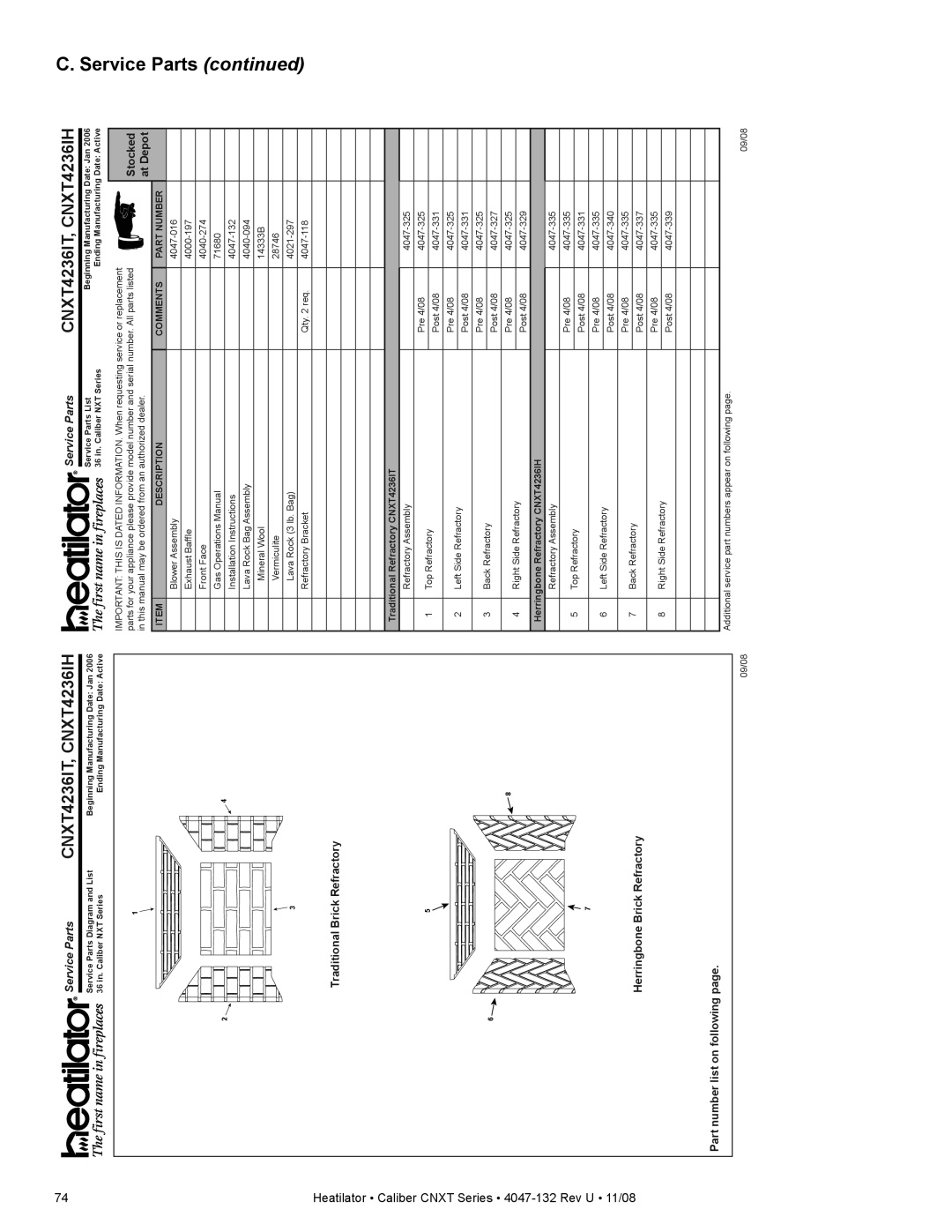 Hearth and Home Technologies CNXT4842ILH, CNXT4842ILT, CNXT4842IH, CNXT4842IT, CNXT4236ILH, CNXT4236ILT Service Parts, Stocked 