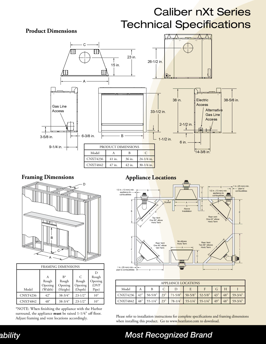 Hearth and Home Technologies CNXT4842IT/H, CNXT4236IT/H, CNXT4842ILT/H manual Caliber nXt Series Technical Specifications 