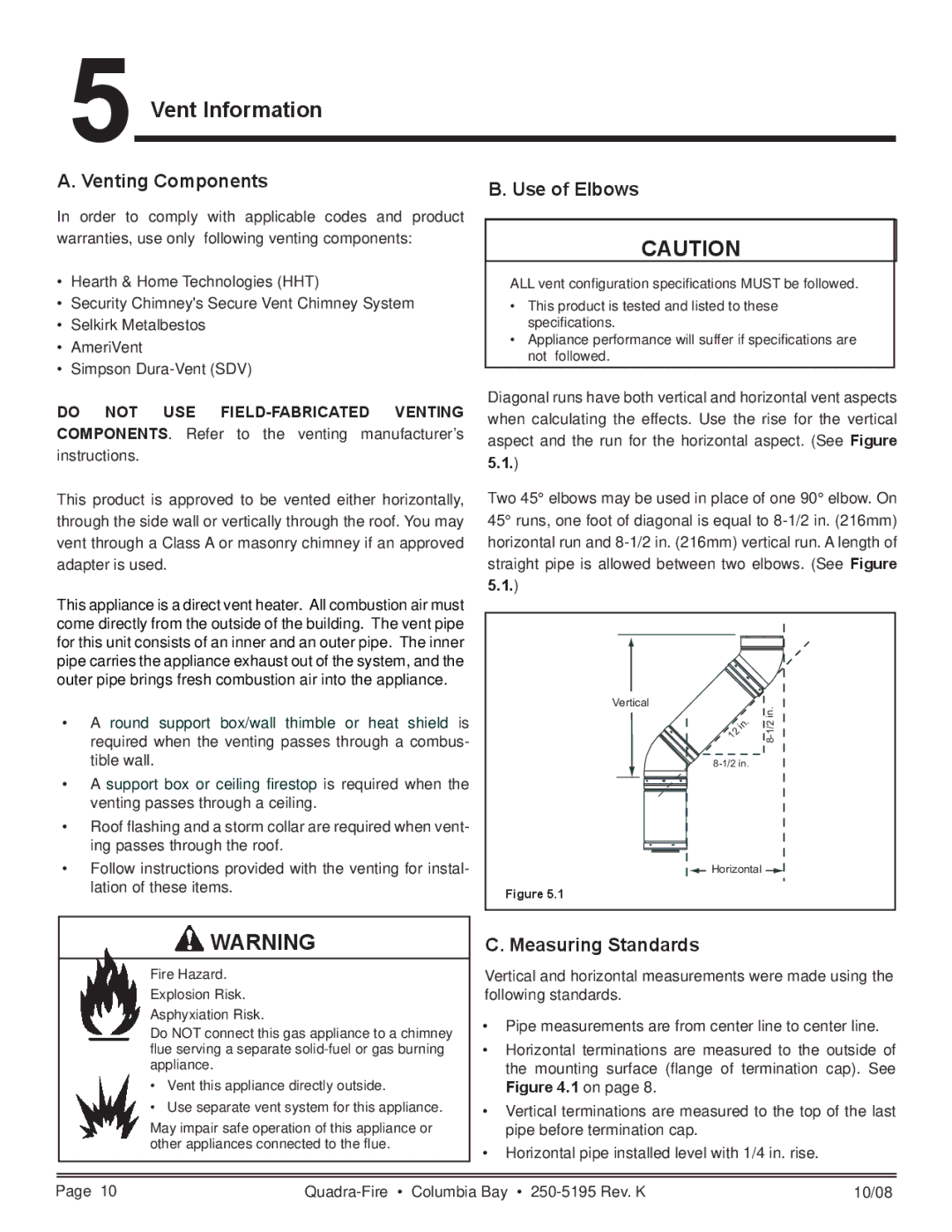 Hearth and Home Technologies COLBAY-FS-B Vent Information, Venting Components, Use of Elbows, Measuring Standards 