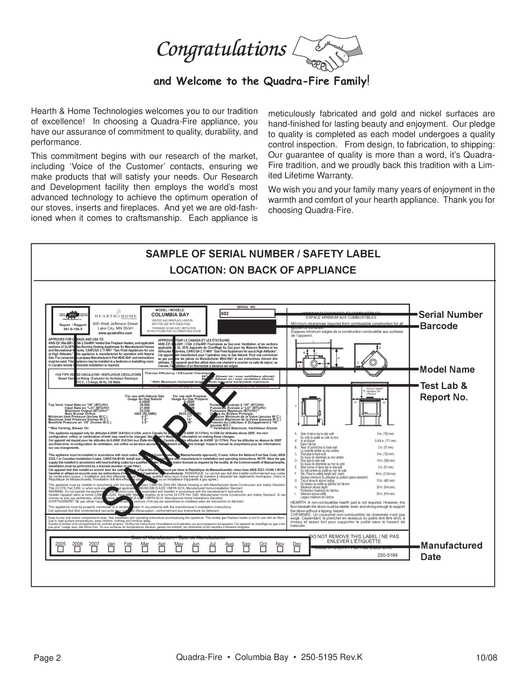 Hearth and Home Technologies COLBAY-FS-B owner manual Serial Number Barcode, Model Name Test Lab Report No 