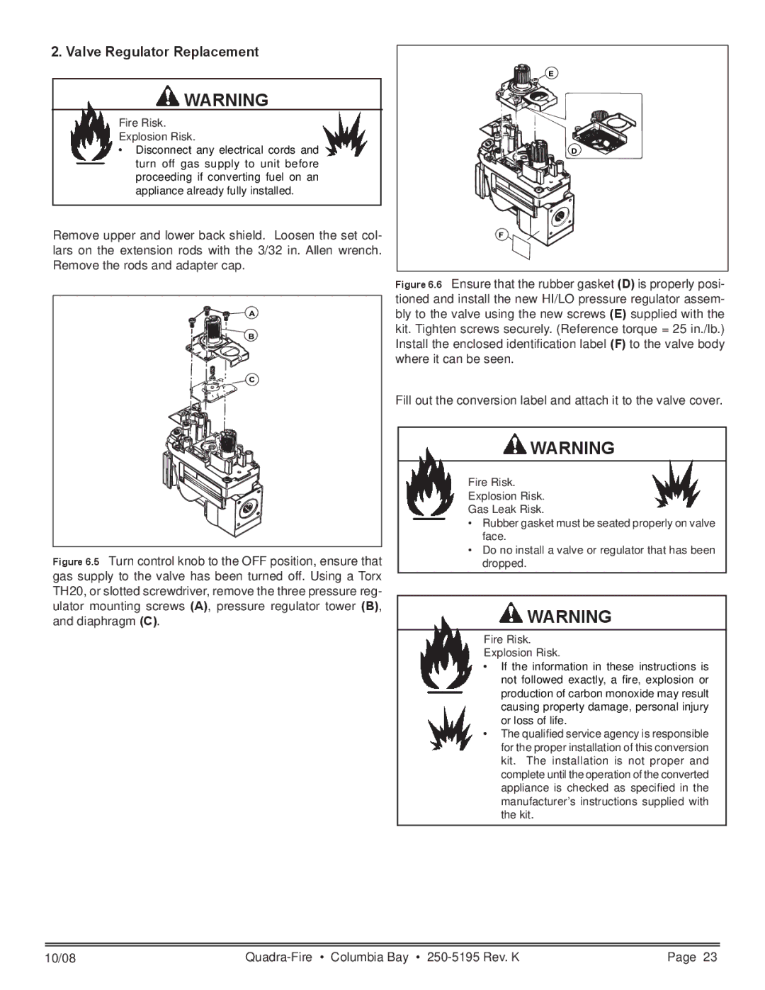 Hearth and Home Technologies COLBAY-FS-B owner manual Valve Regulator Replacement 