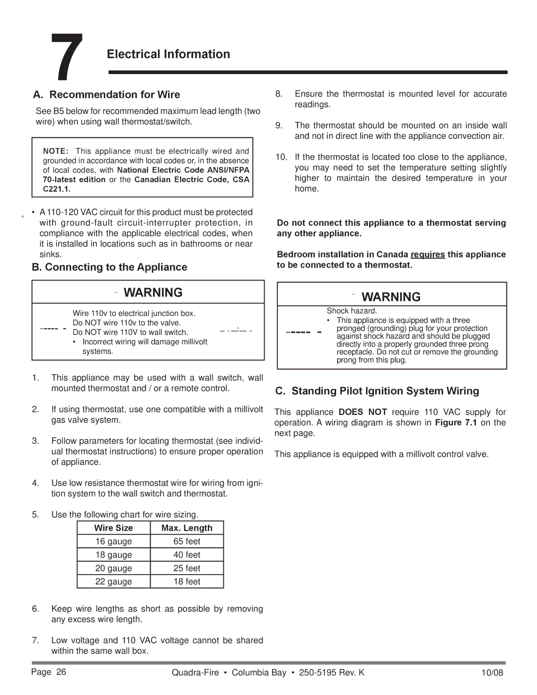 Hearth and Home Technologies COLBAY-FS-B Electrical Information, Recommendation for Wire, Connecting to the Appliance 