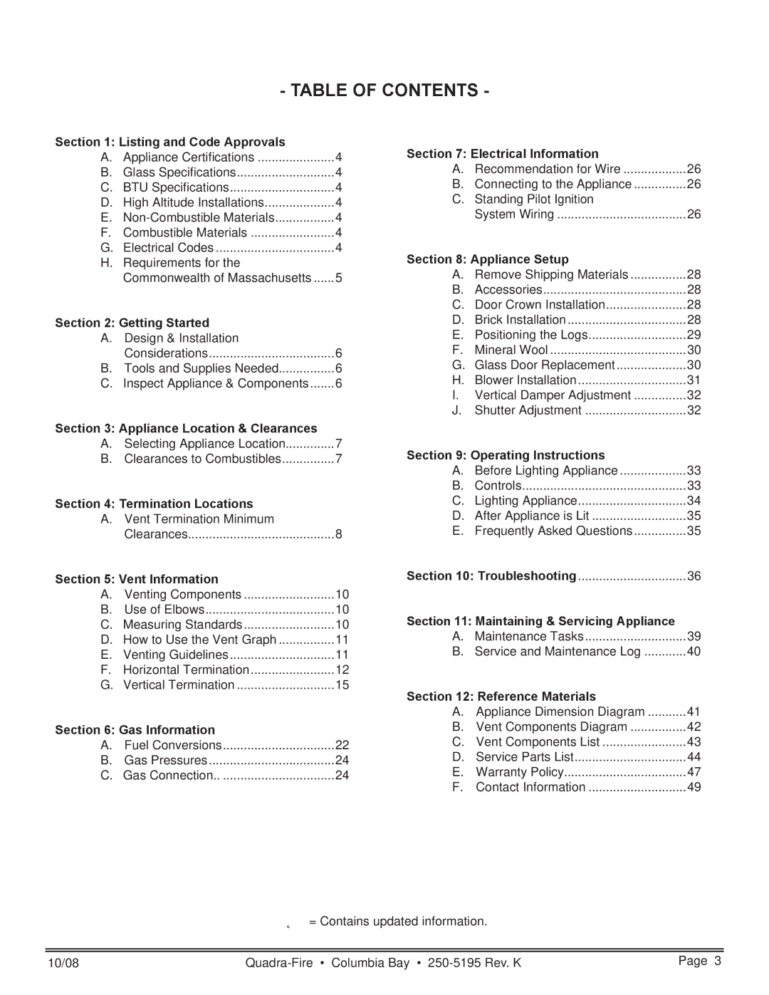 Hearth and Home Technologies COLBAY-FS-B owner manual Table of Contents 