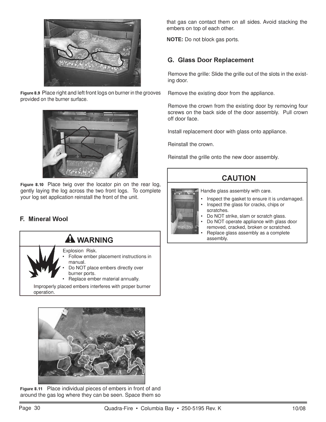 Hearth and Home Technologies COLBAY-FS-B owner manual Glass Door Replacement, Mineral Wool 