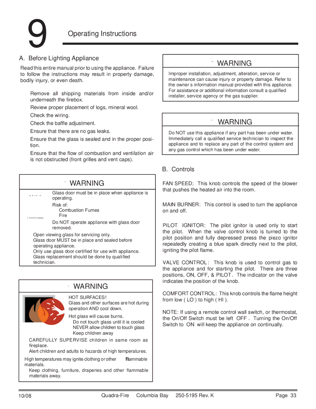 Hearth and Home Technologies COLBAY-FS-B owner manual Operating Instructions, Before Lighting Appliance, Controls 