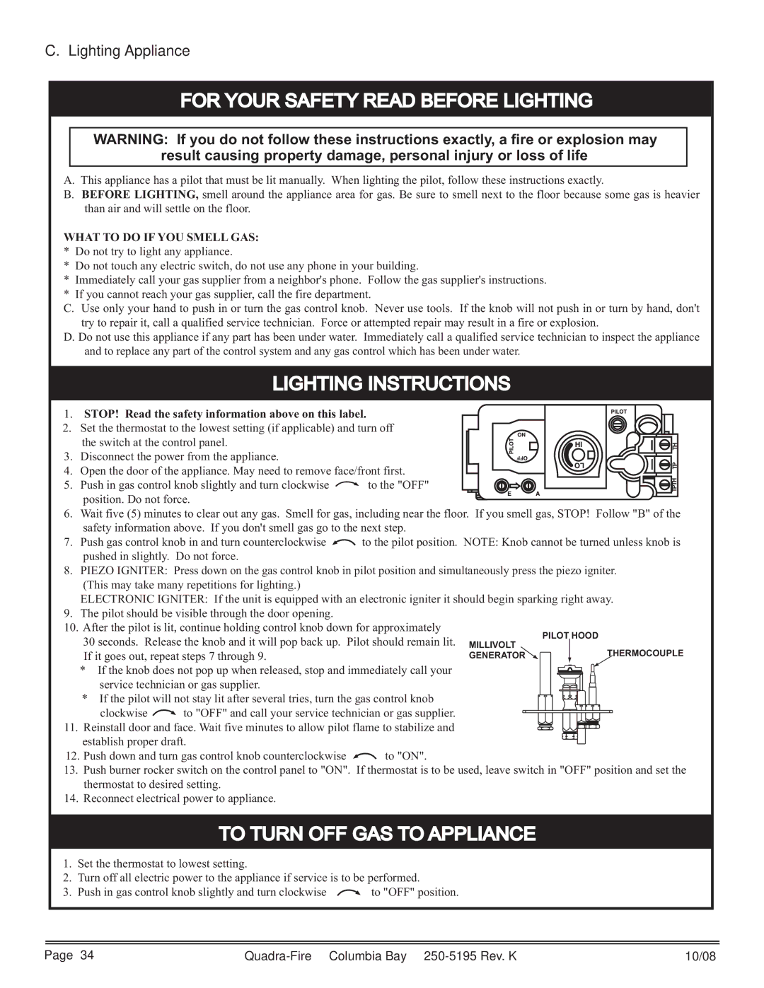 Hearth and Home Technologies COLBAY-FS-B owner manual For Your Safety Read Before Lighting, Lighting Appliance 