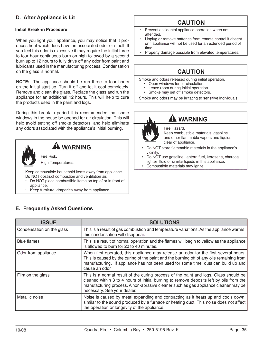 Hearth and Home Technologies COLBAY-FS-B owner manual After Appliance is Lit, Frequently Asked Questions 