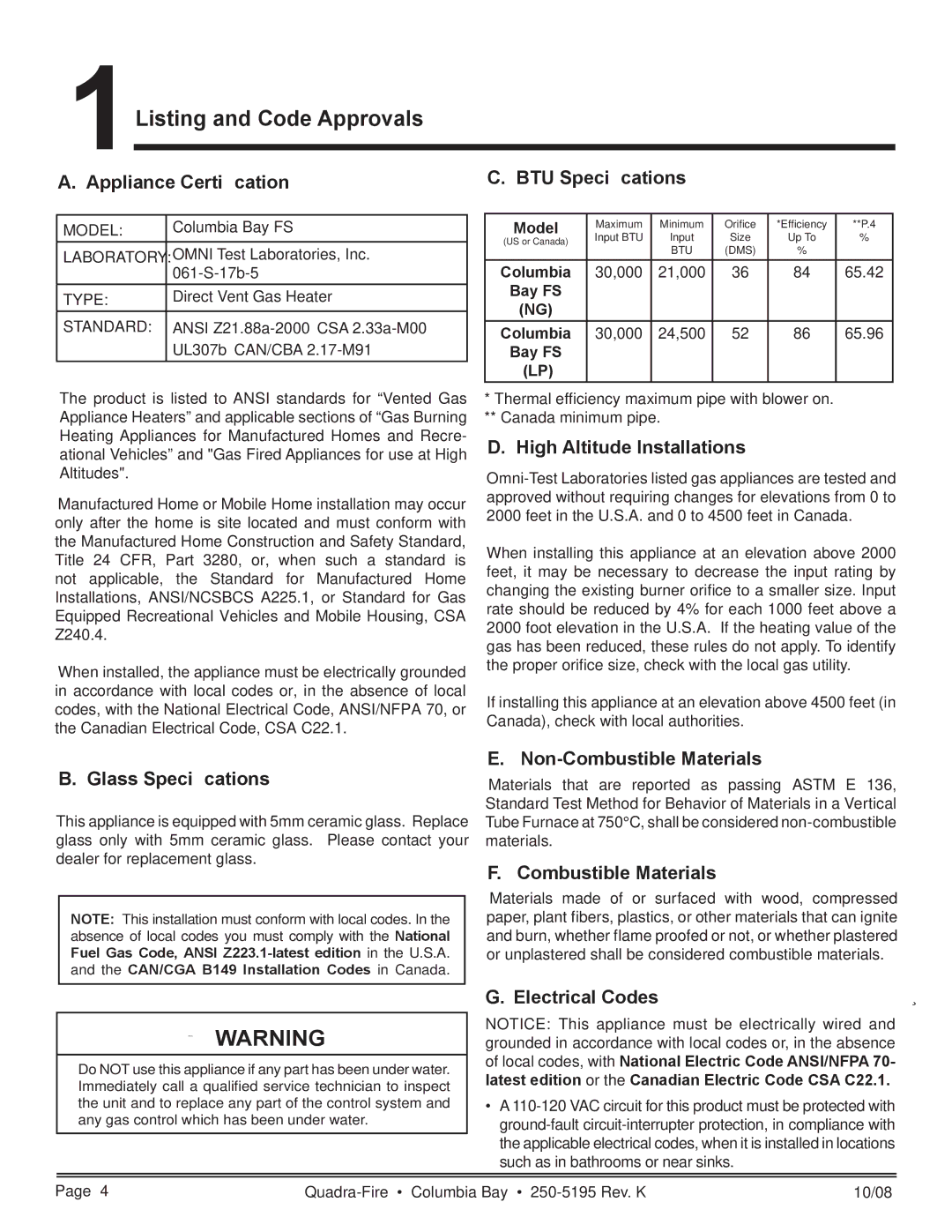 Hearth and Home Technologies COLBAY-FS-B owner manual 1Listing and Code Approvals 