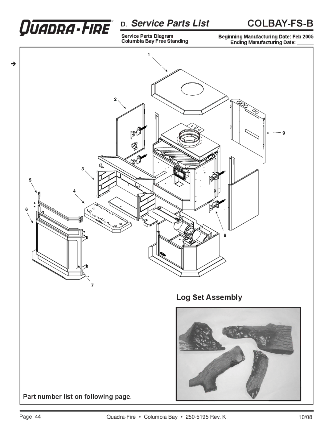 Hearth and Home Technologies COLBAY-FS-B owner manual Log Set Assembly, Part number list on following 