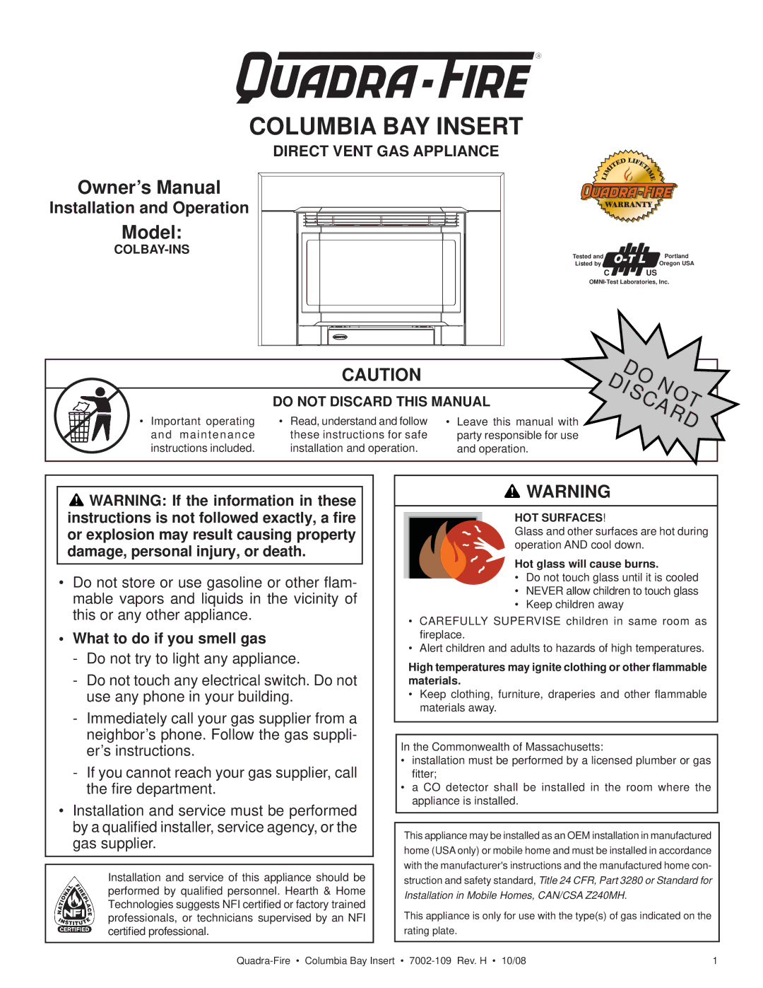 Hearth and Home Technologies COLBAY-INS owner manual What to do if you smell gas, Colbay-Ins, Do Discardnot 