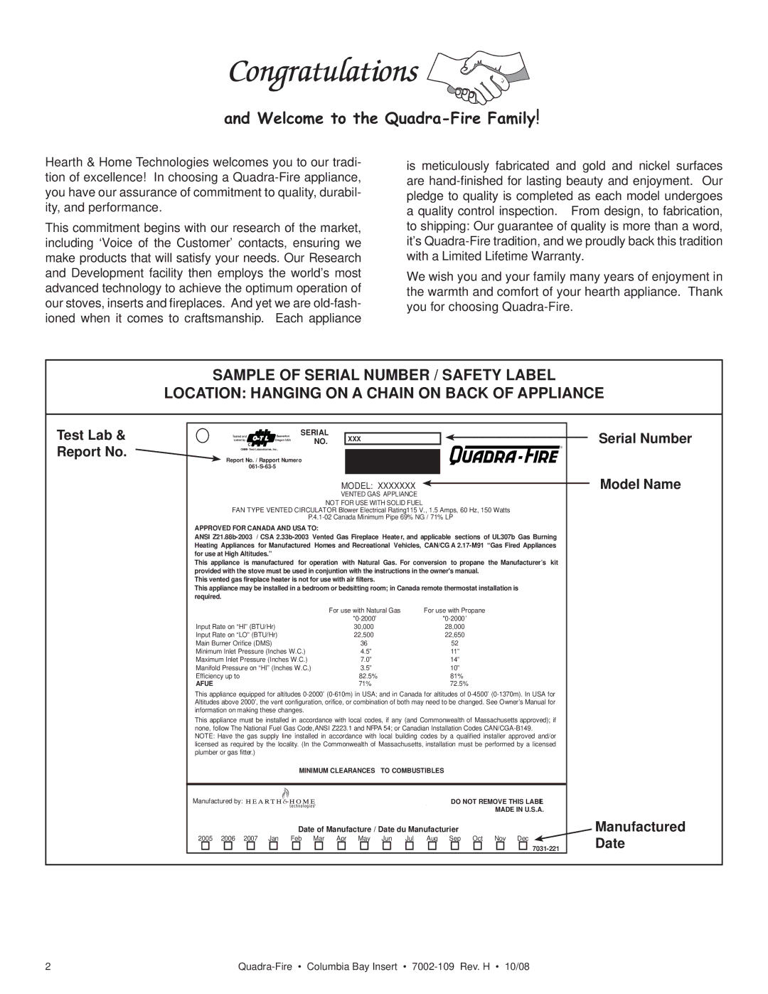 Hearth and Home Technologies COLBAY-INS owner manual Welcome to the Quadra-Fire Family 