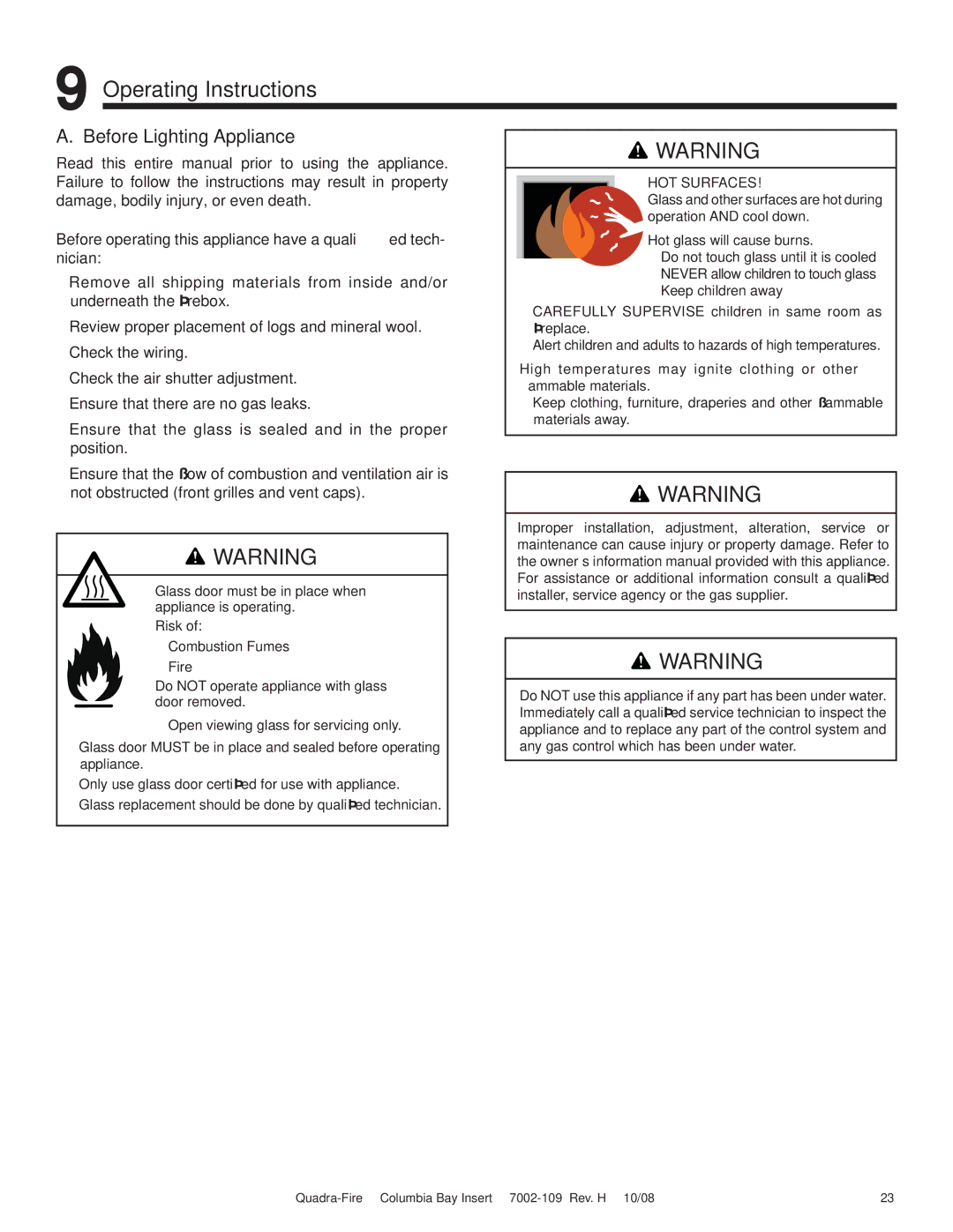 Hearth and Home Technologies COLBAY-INS owner manual Operating Instructions, Before Lighting Appliance 