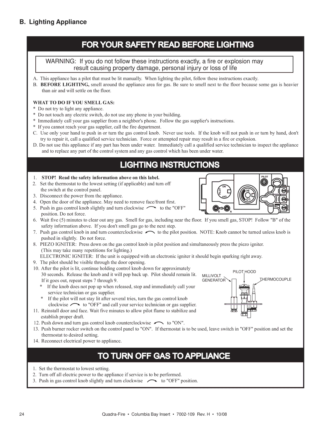 Hearth and Home Technologies COLBAY-INS owner manual For Your Safety Read Before Lighting, Lighting Appliance 