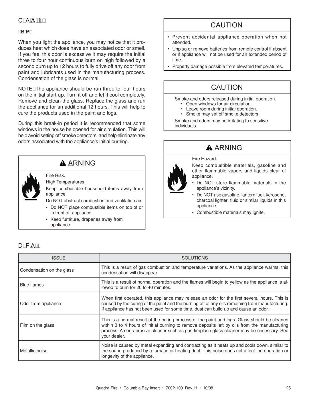 Hearth and Home Technologies COLBAY-INS After Appliance is Lit, Frequently Asked Questions, Initial Break-in Procedure 