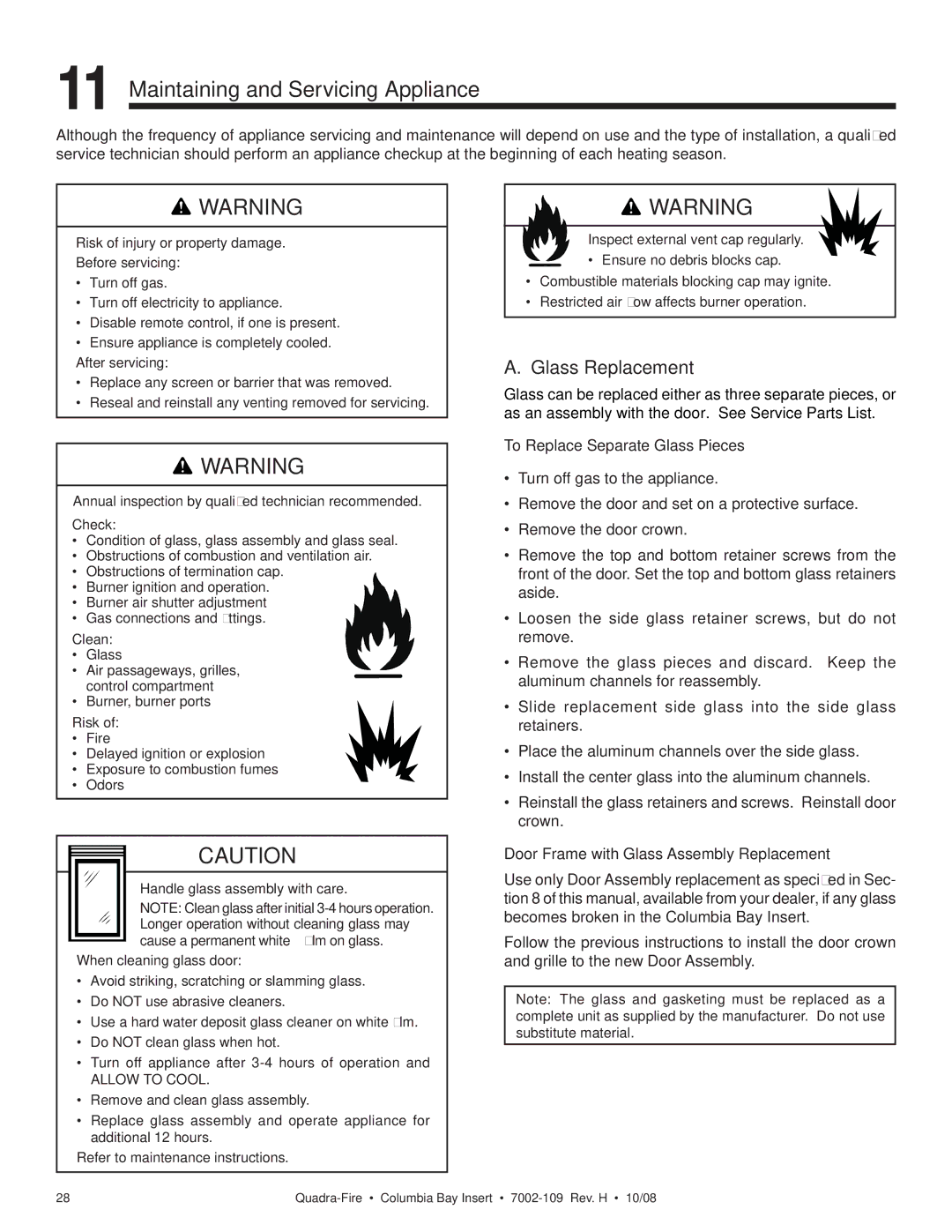 Hearth and Home Technologies COLBAY-INS owner manual Maintaining and Servicing Appliance, Glass Replacement 