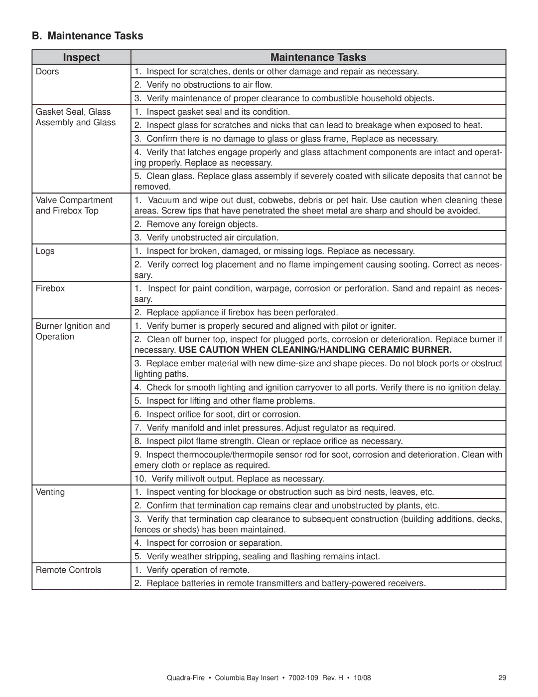 Hearth and Home Technologies COLBAY-INS owner manual Maintenance Tasks Inspect 