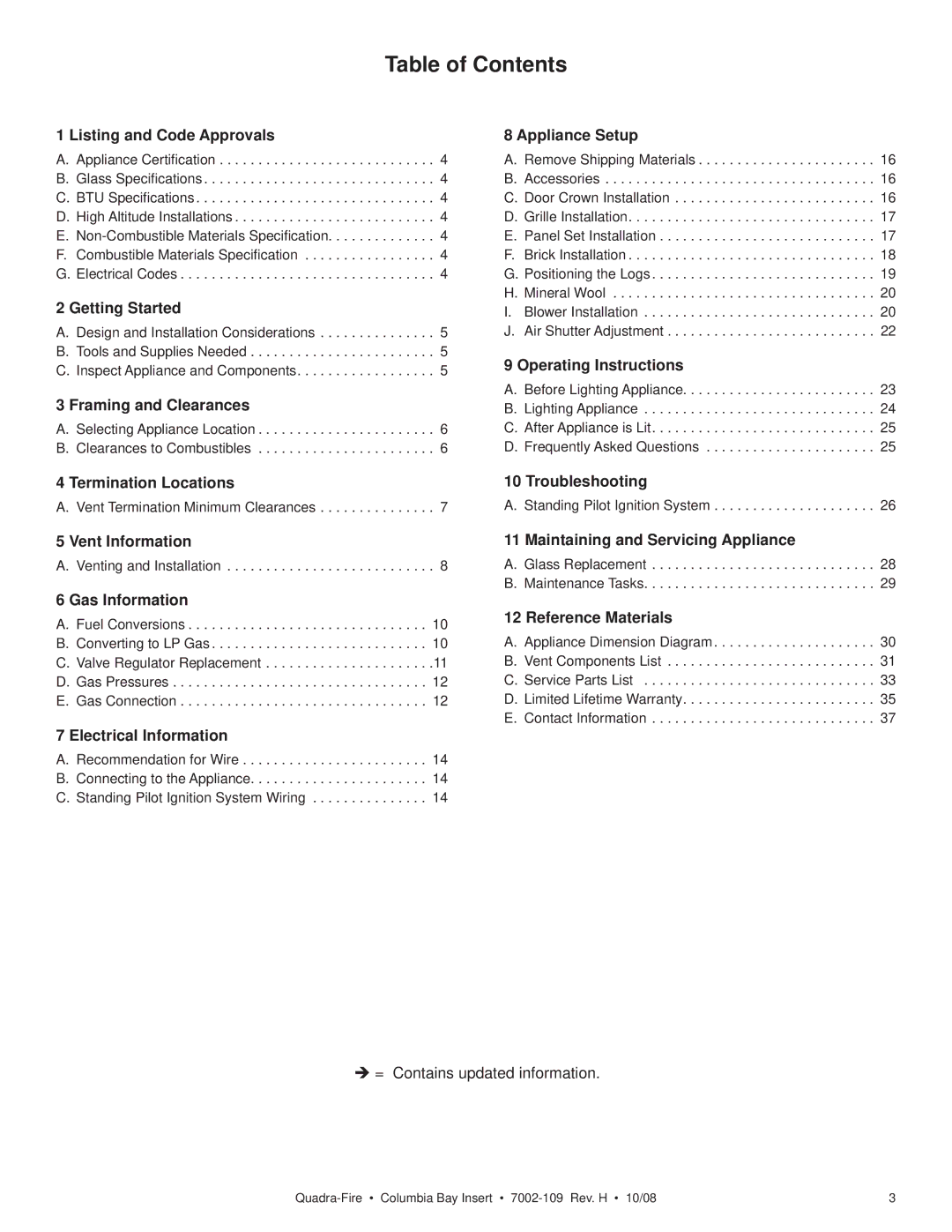 Hearth and Home Technologies COLBAY-INS owner manual Table of Contents 