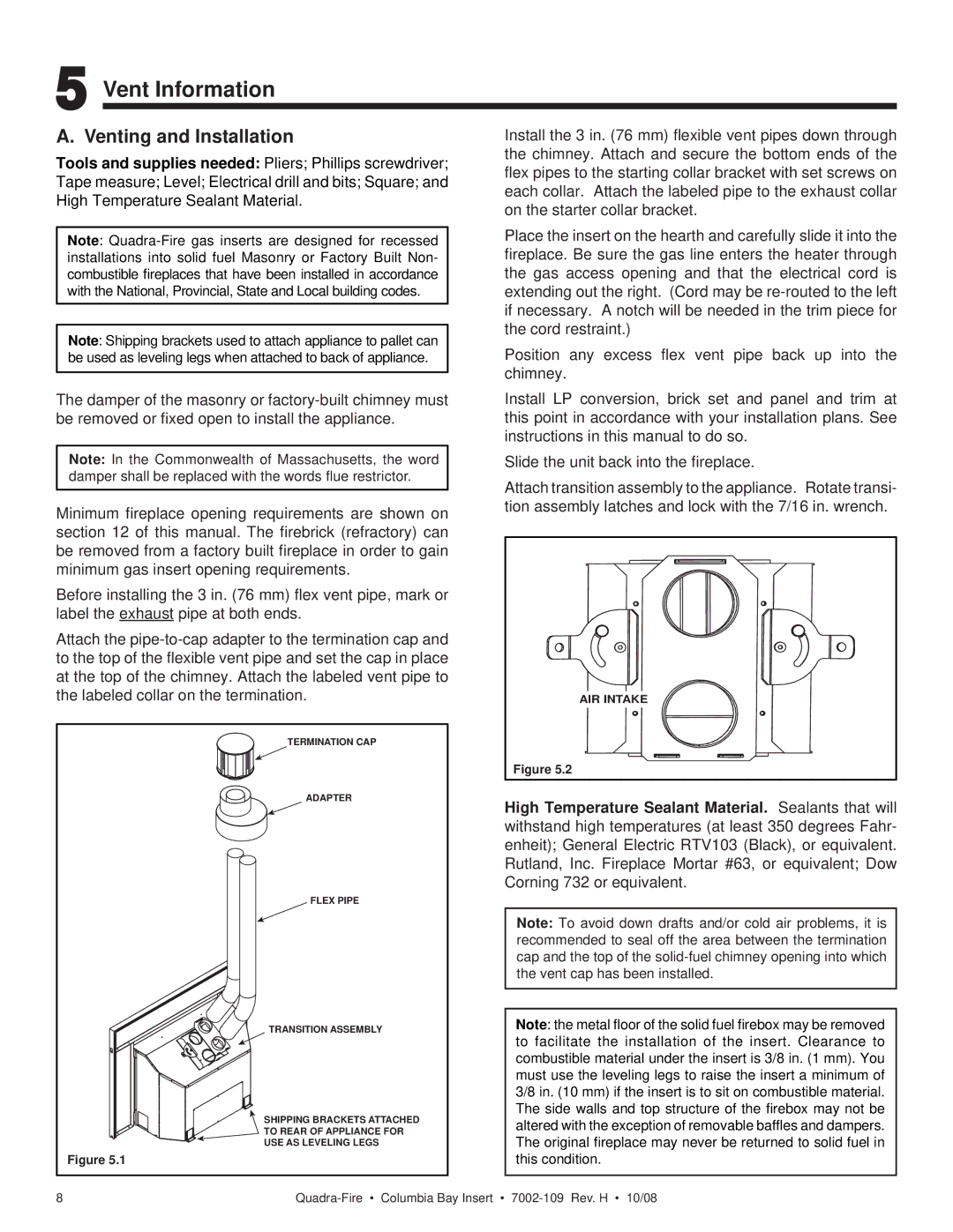 Hearth and Home Technologies COLBAY-INS owner manual Vent Information, Venting and Installation 