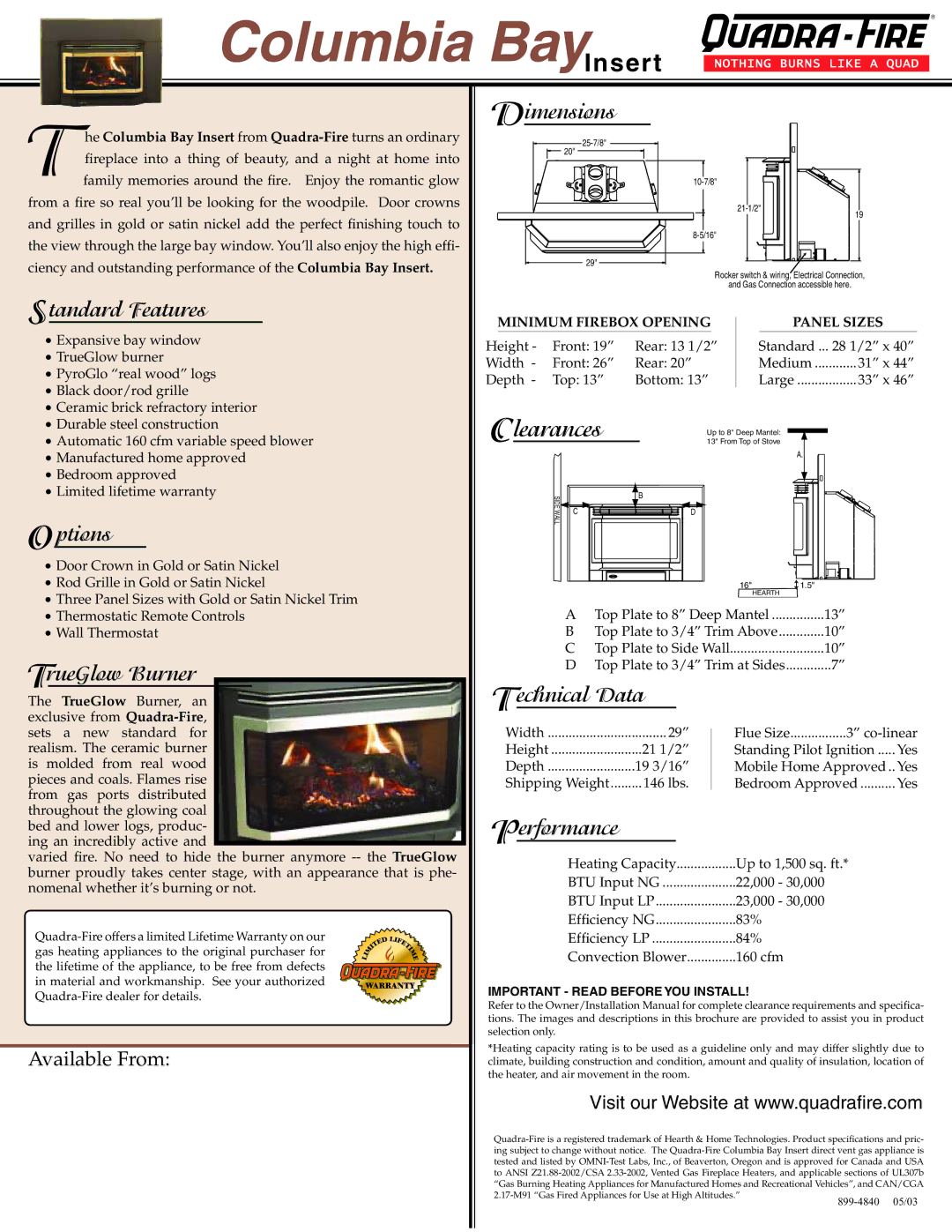 Hearth and Home Technologies Columbia Bay Insert Standard Features, Ptions, TrueGlow Burner, Dimensions, Echnical Data 